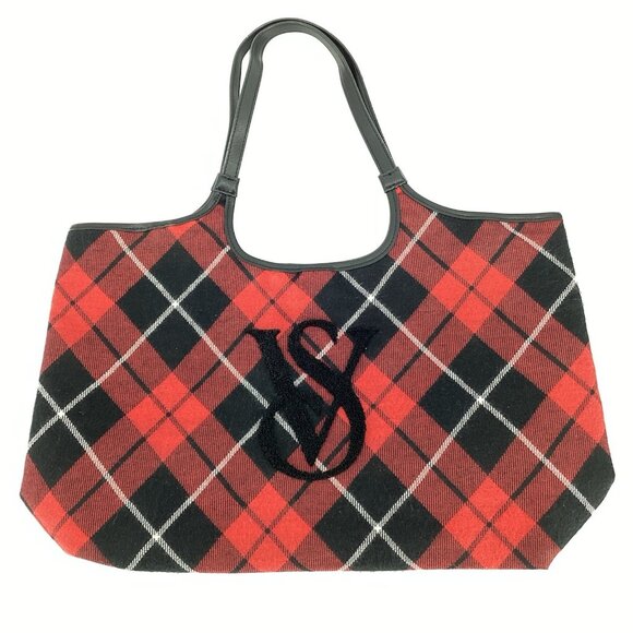 Victoria's Secret Handbags - Victoria's Secret Plaid Monogram Tote Red, Black, White Overnight Weekender '23